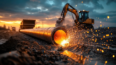 A construction site at dusk shows a bulldozer, a glowing pipe, and sparks flying, highlighting industrial work and machinery.の素材