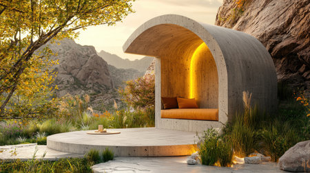 A modern, curved concrete seating area nestled in a serene outdoor setting, surrounded by greenery and rocks, illuminated by warm lights.の素材