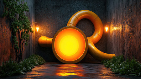 A vibrant orange slide emerges from a dimly lit corridor, surrounded by greenery, creating a striking contrast in an urban setting.の素材