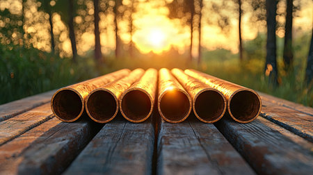 A serene sunset view featuring pipes arranged on a wooden surface, surrounded by greenery and trees, creating a peaceful outdoor atmosphere.の素材