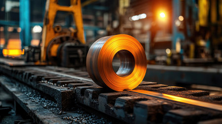 A close-up of a glowing metal coil on a factory floor, showcasing industrial machinery and a vibrant background.の素材