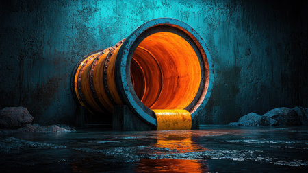 A vibrant, glowing sewer pipe releases a stream of water, set against a textured blue backdrop, creating a striking contrast in an urban environment.の素材