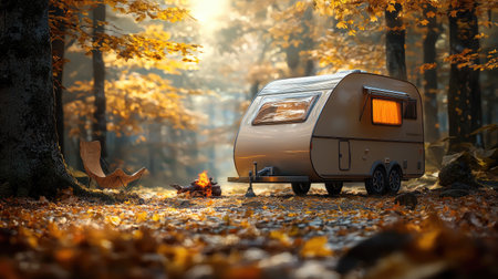 A cozy camper nestled in a vibrant autumn forest, with warm light glowing from the windows and a small fire crackling nearby.の素材