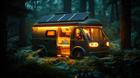 A cozy camper van illuminated in a forest, featuring solar panels on the roof and surrounded by lush greenery.の素材