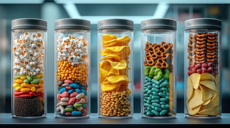 Colorful jars filled with various snacks like candies, popcorn, chips, and pretzels, neatly arranged to showcase an assortment of treats.の素材