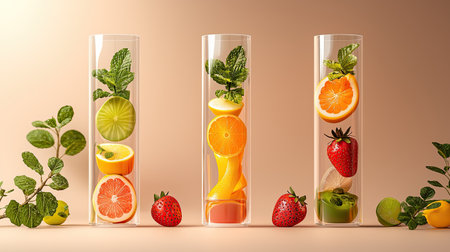 Three clear tubes filled with vibrant fruits and mint leaves, showcasing a refreshing and colorful arrangement for healthy drinking.の素材