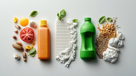 A vibrant arrangement of fresh ingredients, including a tomato, egg, herbs, and various liquids, showcasing a colorful culinary theme.の素材