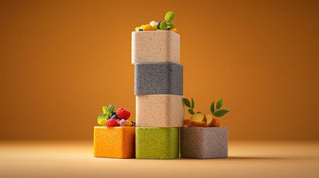 Colorful stacked blocks with various toppings and garnishes, set against a warm orange background, creating an appealing and artistic food presentation.の素材