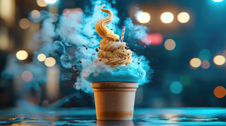 A vibrant ice cream cone with swirling blue and beige soft serve, surrounded by a misty glow, creates a whimsical and enticing visual experience.の素材