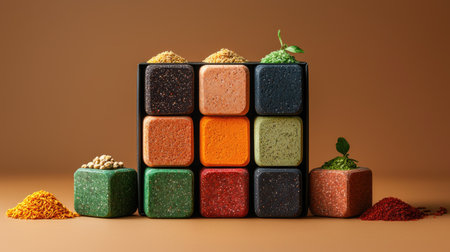 A vibrant display of colorful spice cubes arranged in a grid, showcasing various spices, herbs, and seasonings against a warm background.の素材