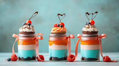 Colorful layered desserts in jars, topped with cream, cherries, and chocolate, tied with ribbons, create a delightful and enticing presentation.の素材