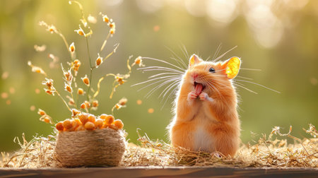 A cute hamster enjoys a treat in a sunny, floral setting, surrounded by soft hay and cheerful butterflies.の素材