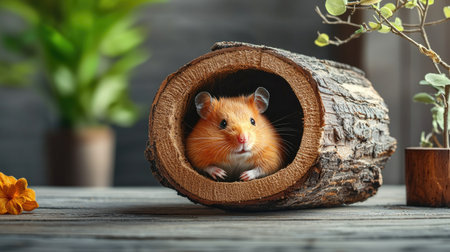 A cute hamster peeks out from inside a log, surrounded by greenery, creating a cozy and natural atmosphere.の素材
