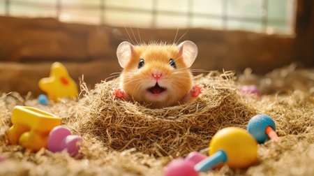 A cute hamster peeks out from a cozy nest of straw, surrounded by colorful toys in a warm, inviting environment.の素材