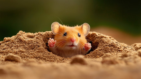 A cute hamster peeks out from a sandy burrow, showcasing its adorable features and curious expression in a natural setting.の素材
