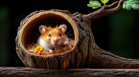 A cute hamster nestles in a wooden log, surrounded by natural elements, showcasing its vibrant fur and playful demeanor.の素材