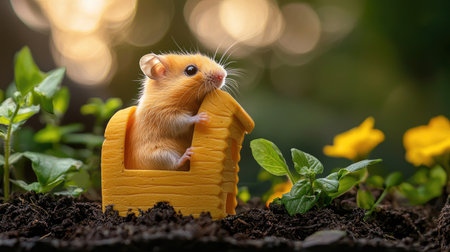 A cute hamster sits in a small yellow house surrounded by greenery and flowers, basking in soft, natural light.の素材