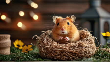 A charming hamster nestled in a straw nest, surrounded by flowers and soft lighting, creating a cozy, serene atmosphere.の素材