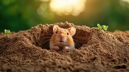 A cute hamster peeks out from its burrow in the soil, surrounded by a natural, sunlit environment.の素材