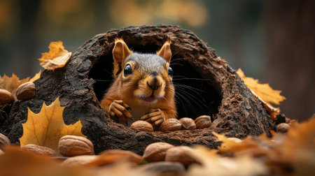 A squirrel peeks out from a hollow log, surrounded by autumn leaves and nuts, showcasing the beauty of nature in a serene setting.の素材