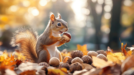 A cute squirrel holds a nut among scattered acorns and autumn leaves, set in a warm, sunlit forest.の素材