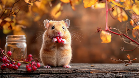 A cute hamster sits on a wooden surface, surrounded by autumn leaves and berries, holding food in its paws.の素材