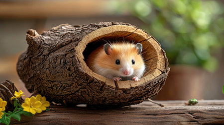 A cute hamster peeks out from a hollow log, surrounded by greenery and flowers, creating a cozy, natural scene.の素材