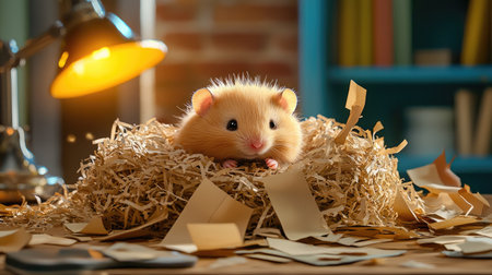 A cute hamster peeks out from a cozy nest of straw, surrounded by scattered papers and warm light, creating an inviting atmosphere.の素材