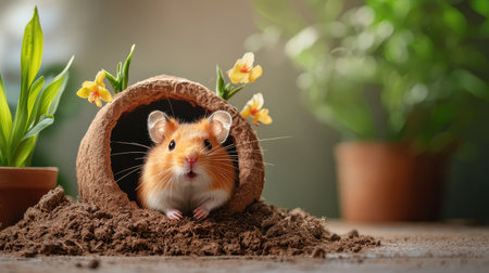 A cute hamster peeks out from a cozy burrow surrounded by soil and potted plants, evoking a sense of warmth and nature.の素材
