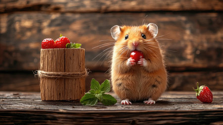 A cute hamster holds a strawberry beside a wooden bucket of berries, set against a rustic wooden background.の素材