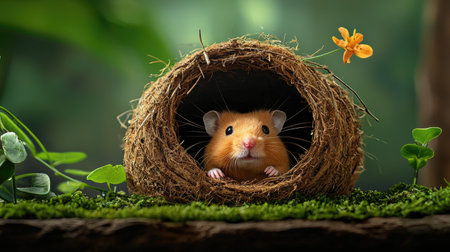 A curious hamster peeks from its cozy nest, surrounded by lush greenery and delicate flowers, creating a serene and vibrant nature scene.の素材