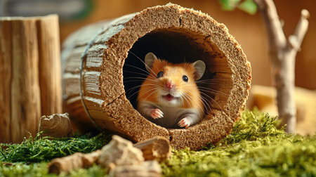 A cute hamster peeks out from a cozy, natural-looking log tunnel surrounded by green moss and wooden elements.の素材
