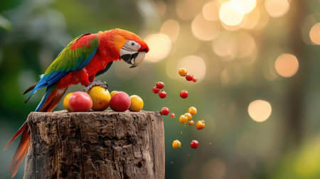 A vibrant parrot perched on a log, enjoying colorful fruits, with a blurred natural background adding a warm, sunny atmosphere.の素材