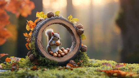 A charming squirrel sits inside a log, surrounded by acorns and autumn leaves, showcasing the beauty of nature in a serene forest setting.の素材