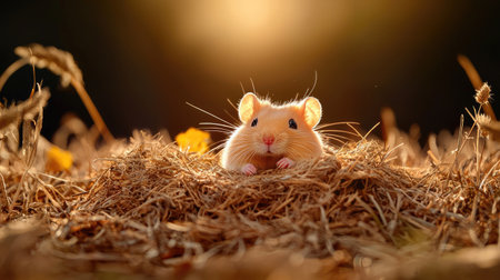 A cute hamster peeks out from a nest of straw, illuminated by warm sunlight, creating a serene and cozy atmosphere.の素材