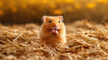 A cute hamster sits among straw, curiously nibbling, with a warm, golden background creating a cozy atmosphere.の素材