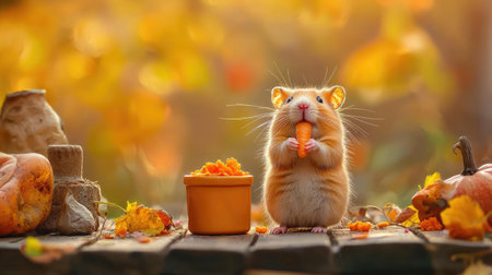 A cute hamster holds a carrot amidst autumn leaves, with a small pot of orange treats nearby, creating a warm, cozy scene.の素材
