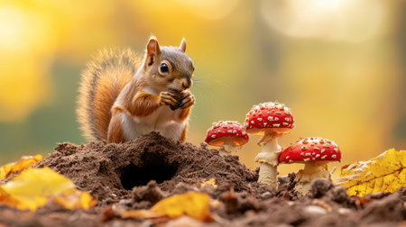 A curious squirrel sits by colorful mushrooms, surrounded by autumn leaves, showcasing nature's beauty in a vibrant forest setting.の素材