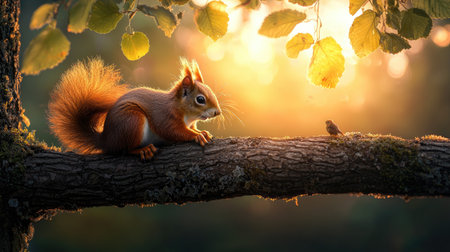 A squirrel perched on a tree branch, bathed in warm sunlight, surrounded by green leaves, creating a peaceful and enchanting natural scene.の素材