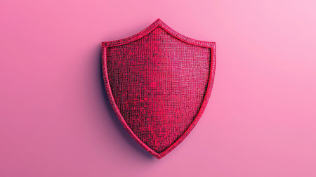 A stylized red shield on a pink background, symbolizing protection, security, and defense in a modern design aesthetic.の素材