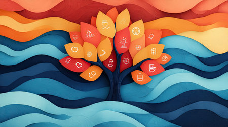 A vibrant, abstract illustration of a tree with colorful leaves against a wavy, multicolored background, symbolizing growth and creativity.の素材