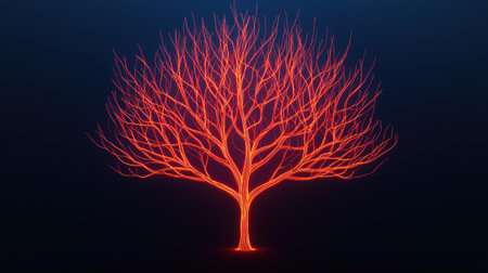 A vibrant, glowing tree with intricate branches, set against a dark background, creating a striking visual contrast.の素材