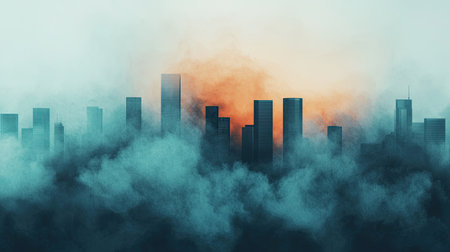 A moody city skyline emerges through thick fog, illuminated by a warm sunrise, creating a dramatic contrast between light and shadow.の素材