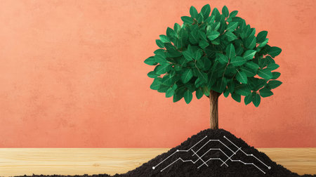 A vibrant green tree grows from dark soil against a warm, earthy backdrop, symbolizing growth, sustainability, and environmental stewardship.の素材