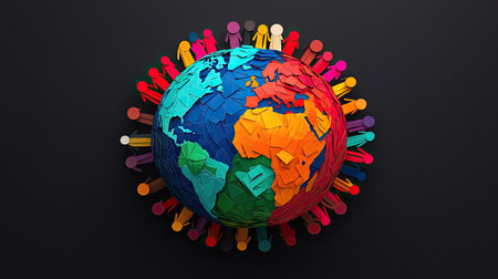 A colorful globe surrounded by diverse human figures, symbolizing unity and global community.の素材