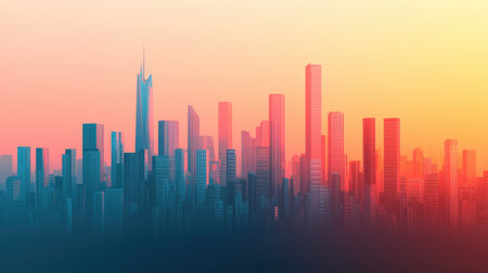 A vibrant city skyline at sunset, showcasing tall buildings silhouetted against a colorful sky.の素材