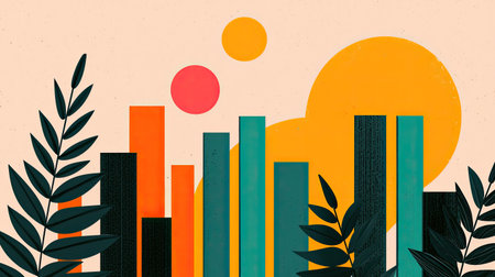 A vibrant, abstract design featuring colorful vertical bars, geometric shapes, and leafy elements against a soft background.の素材