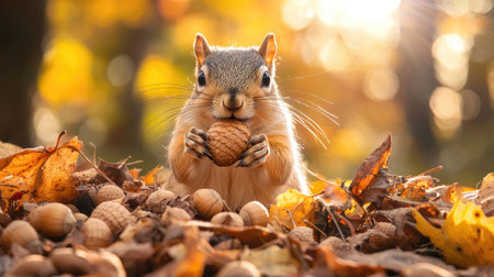 A cute squirrel holds an acorn surrounded by fallen leaves in a sunlit autumn setting.の素材