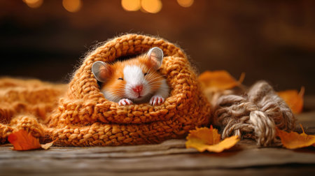 A cozy hamster snuggled in an orange blanket, surrounded by autumn leaves, exuding warmth and comfort.の素材