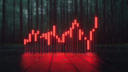 A striking digital visualization of a red candlestick chart set against a dark, forest-like background, symbolizing market trends and data analysis.の素材